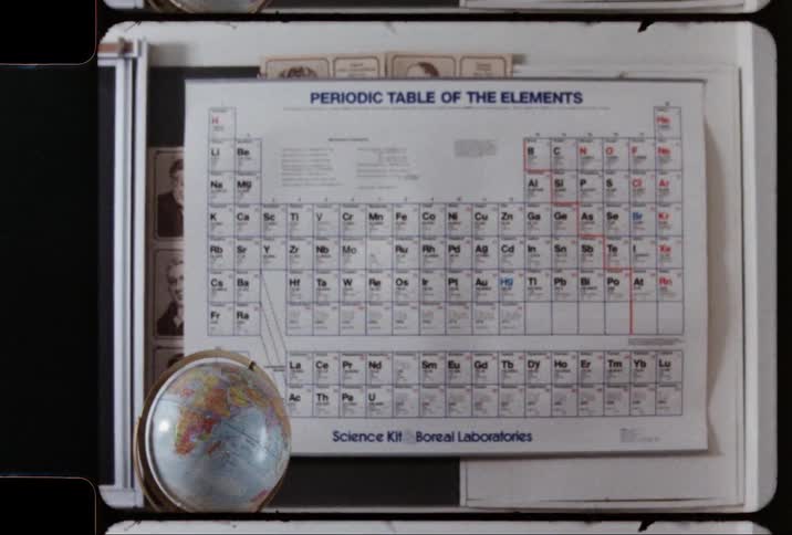 A globe stands in front of a board where the periodic table of elements chart hangs
