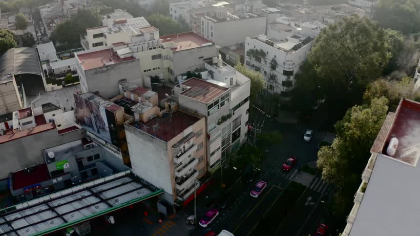 A city block of old buildings in a city