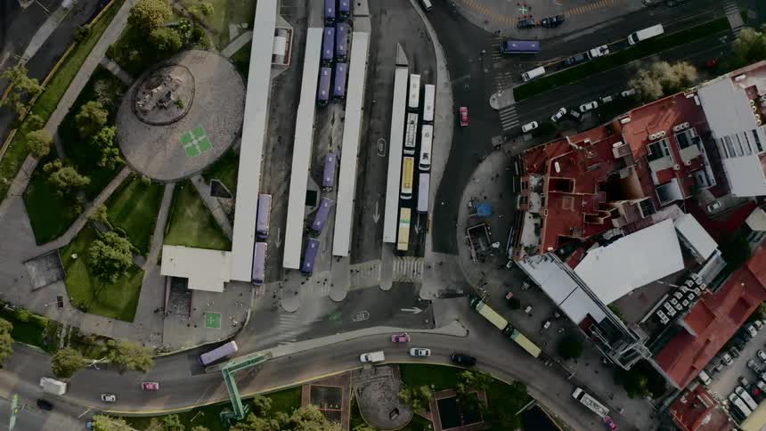 A bird eye view of a bus station