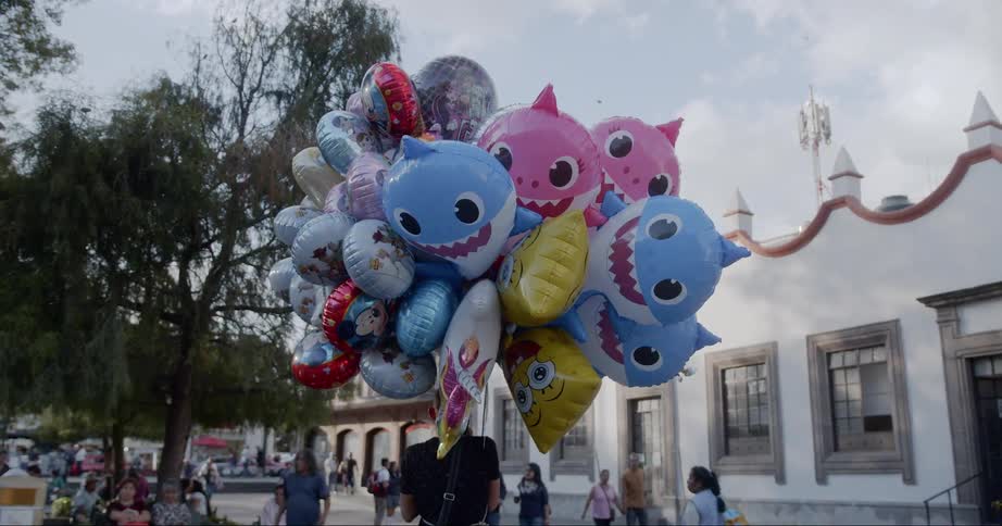 A person is holding balloons outside