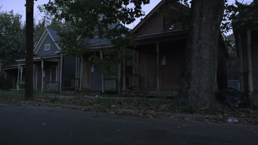 Houses sit in disrepair on a street