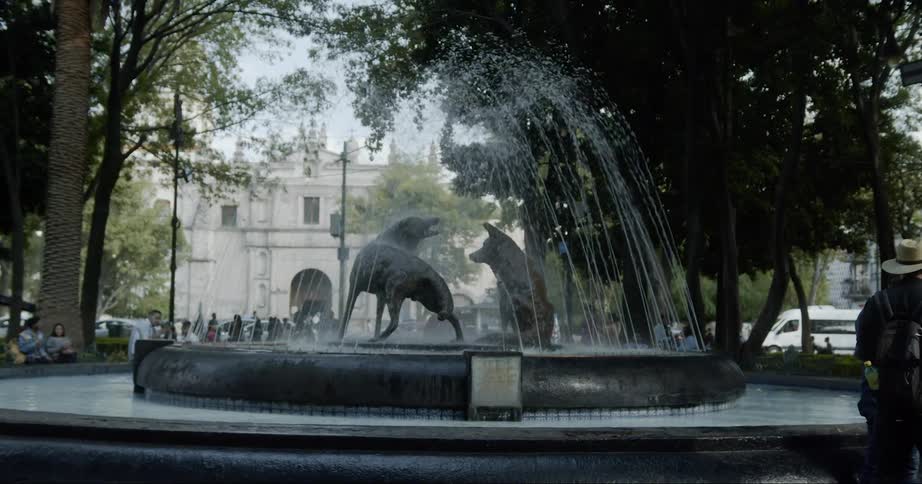 A water fountain in a park with the statue of two wolves