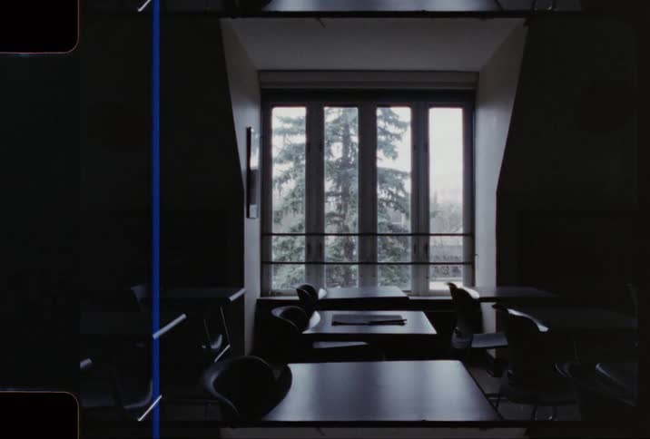 A tree outside the window of an empty classroom sways in the wind