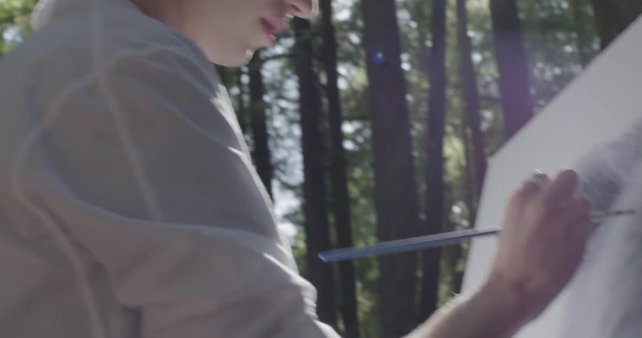 A young man stands outside and paints a bear on a canvas