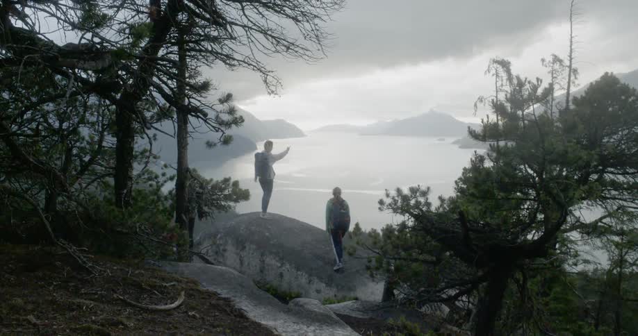 A group of people are hiking through a forest