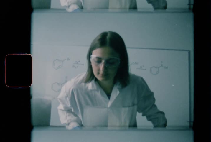 A scientist in working in a lab while wearing goggles