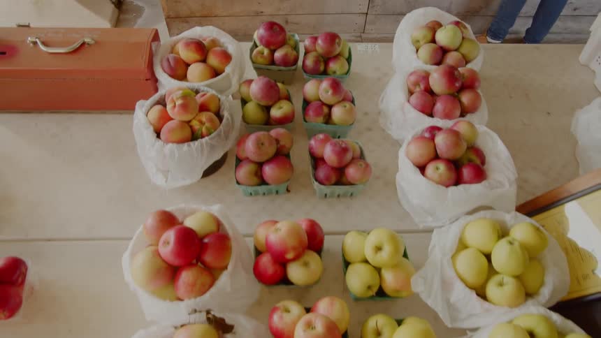 Containers full of red and yellow apples