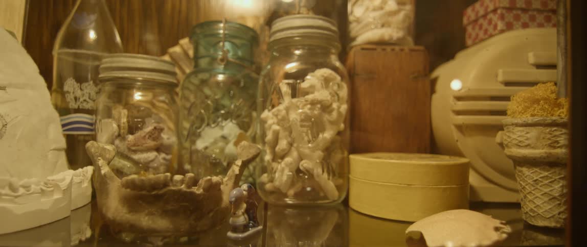 The counter has different pieces of skull and jars on top