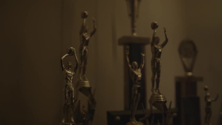Sports trophies are displayed on a table