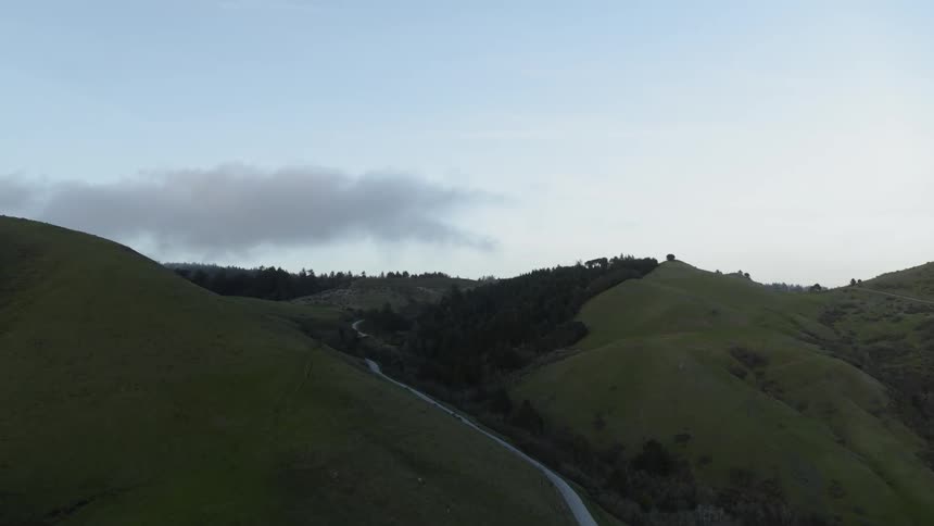 Road cuts among rolling green hills dotted by forest