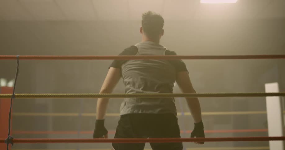 Boxer holding the boxing ring ropes stands up in the ring