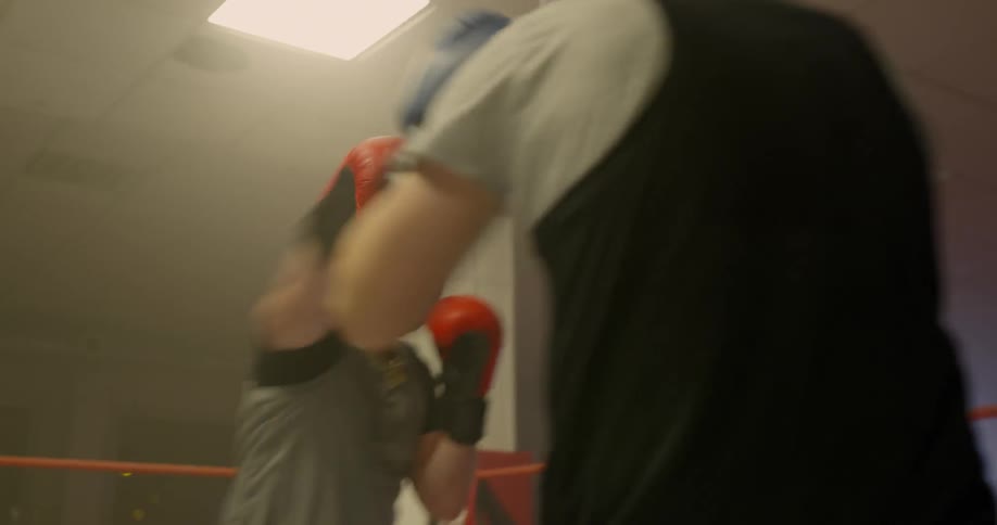 Two boxers train and hit each other in the ring