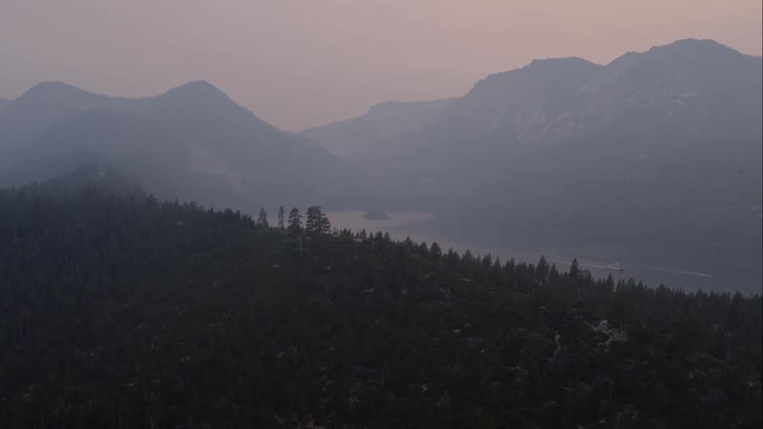 A forest on a hill before mountain range shrouded in fog