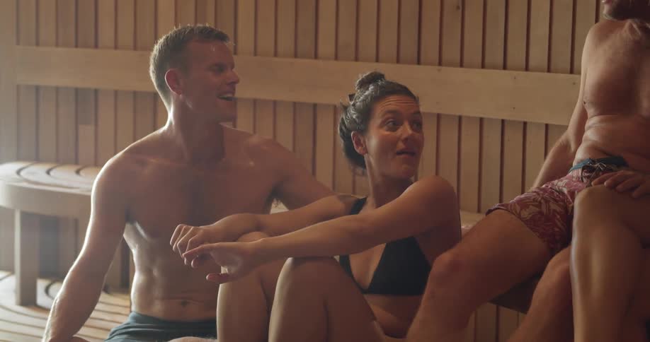 Two males and two females are sitting and talking in a sauna