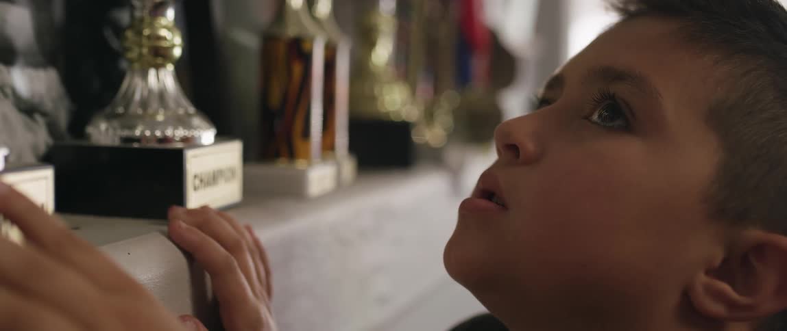 A boy is looking at trophies on a mantle