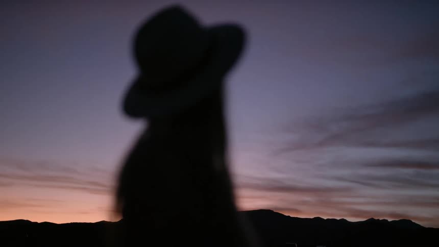 The silhouette of a woman in a hat standing outside at sunset