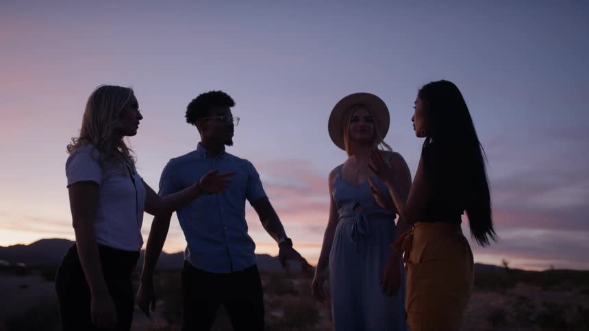 A group of friends talk while standing outside during sunset
