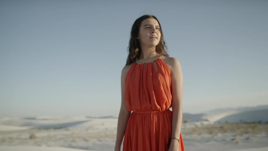 A white woman in a dress stands in the desert and looks into the distance