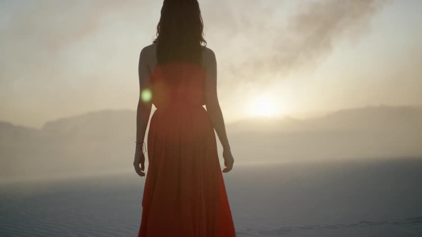 A woman in a red dress walks towards the water