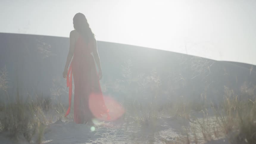 A woman is wearing a dress and walking through a field