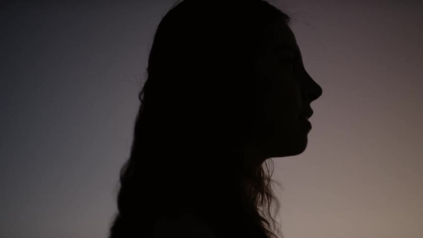 A shadow of a woman is displayed outdoors while the sun is setting