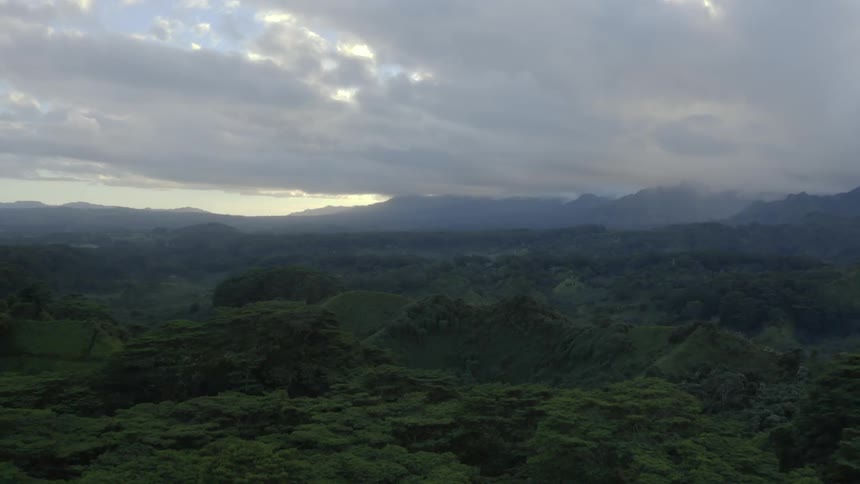 Dark clouds hover over a dense jungle landscape