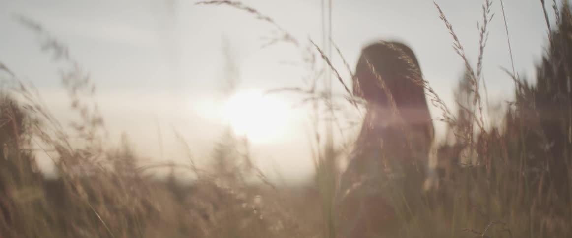 The silhouette of a girl standing in the tall grass on a sunny day