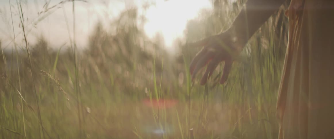 A woman in a full length dress walks through a field at sunset