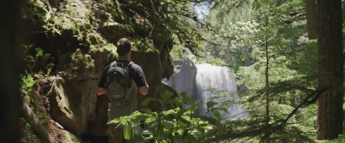 A man standing in front of a waterfall in a forest