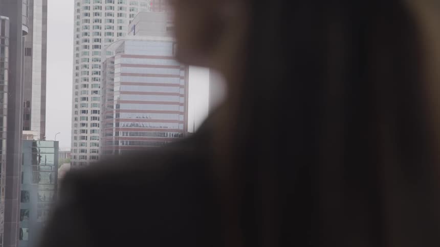 The silhouette of a woman can be seen standing before a window looking out over a metropolitan area filled with many skyscrapers