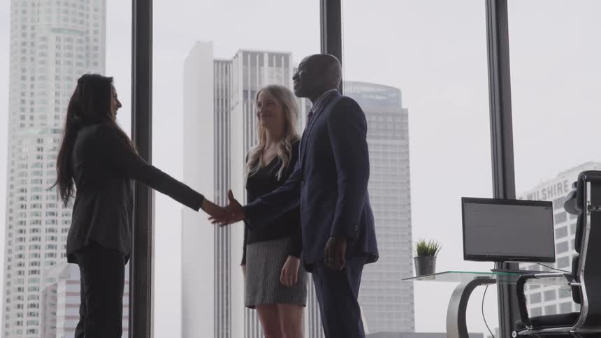 A woman shakes hands with a man and woman in an office