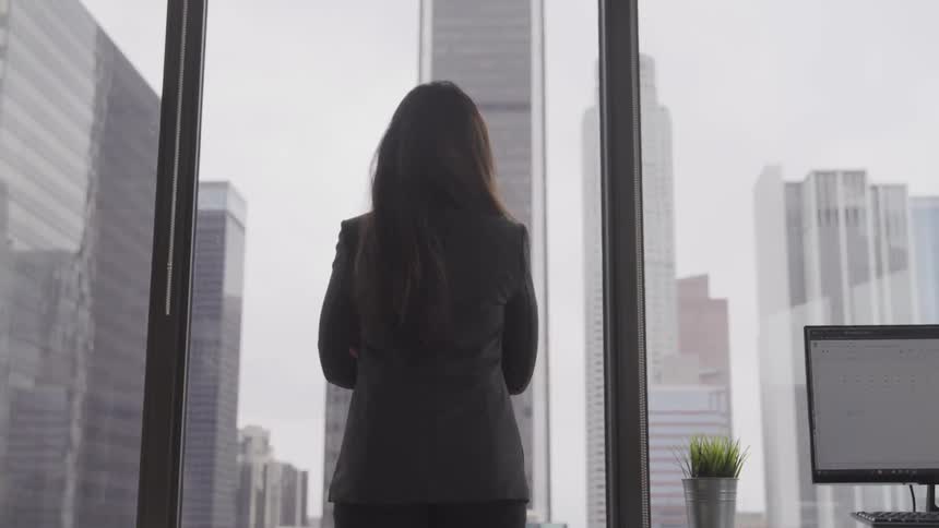 A woman stands by the building window overlooking the city
