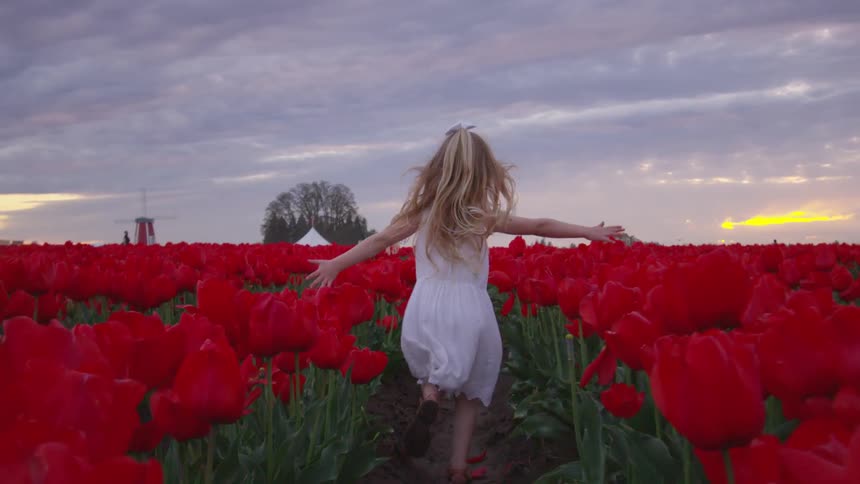 A young girl runs through a field of tulips