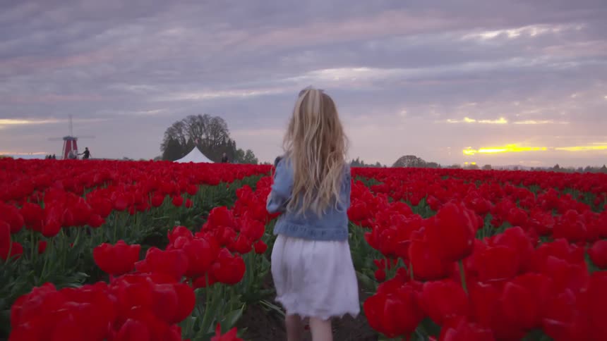 A girl running through a field of blooming red flowers on a cloudy day