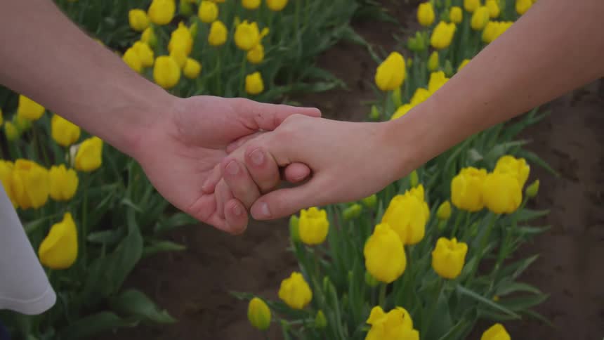 Two people hold hands in the garden