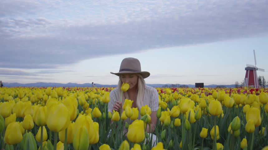 Woman stands in a field of red and yellow tulips as she smells a yellow one