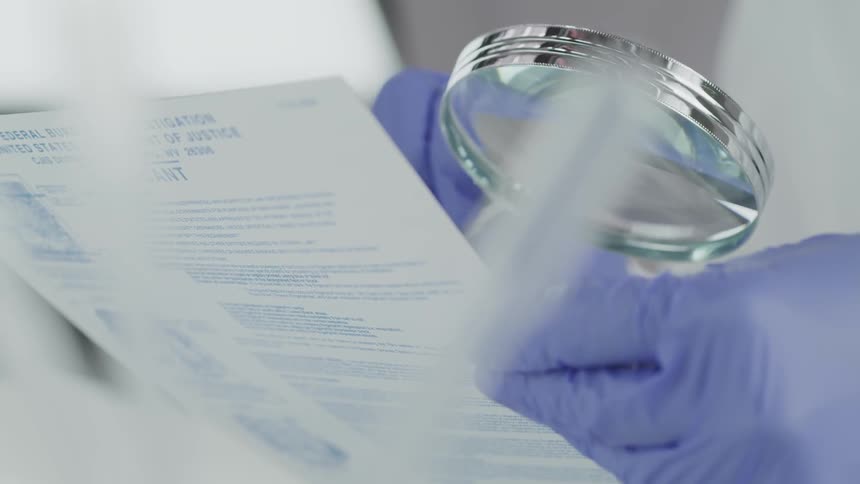 A persons hand with disposable gloves holding a magnifying glass to a piece of paper