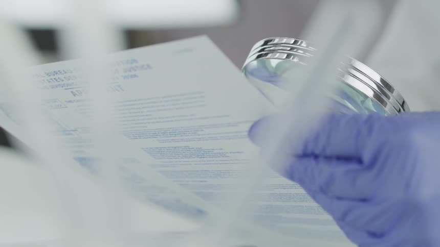 A woman uses a magnifying glass to look at a piece of paper