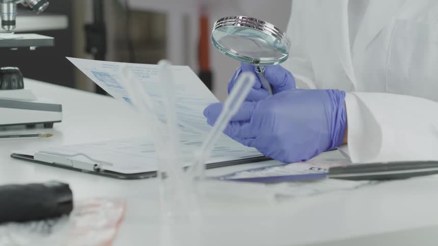 A person uses a magnifying glass to look at a paper in a lab