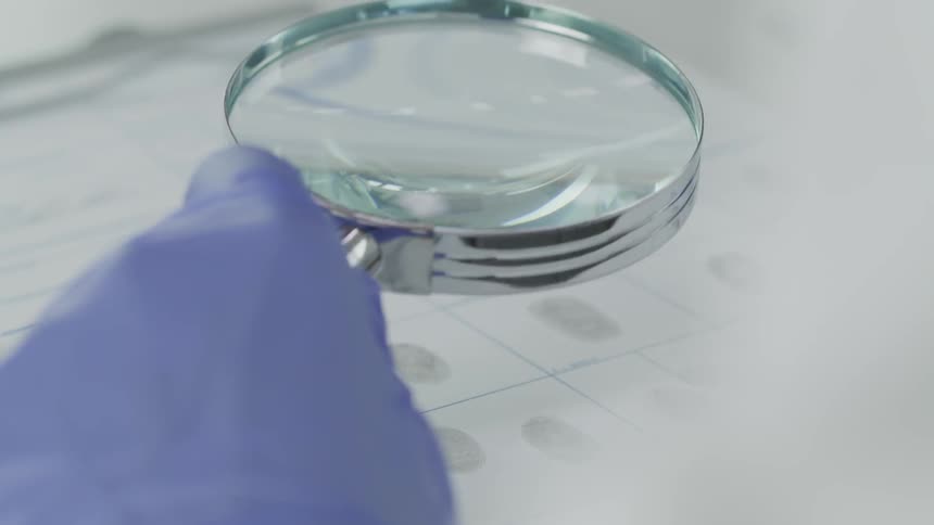 A person wearing a disposable glove holds a magnifying glass over a page full of finger prints