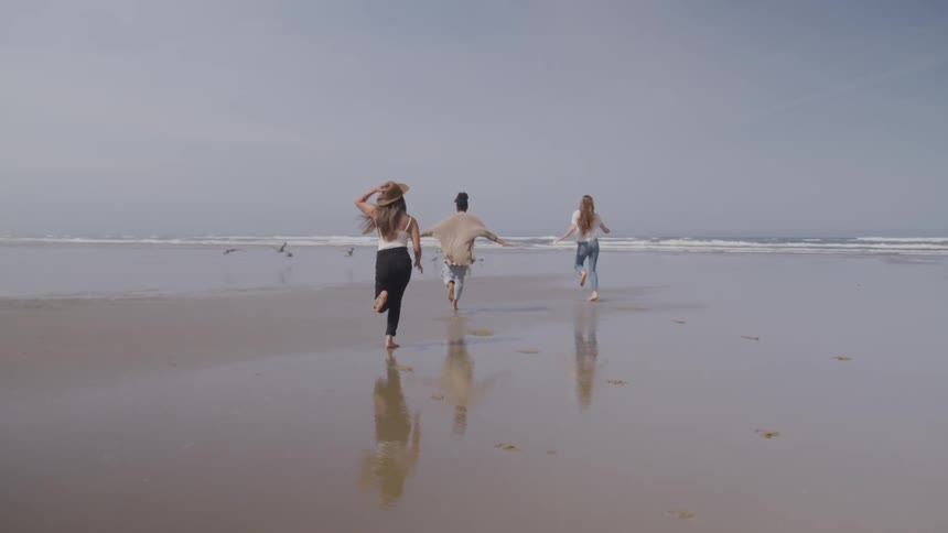 Women run across beach toward ocean startling birds into flight