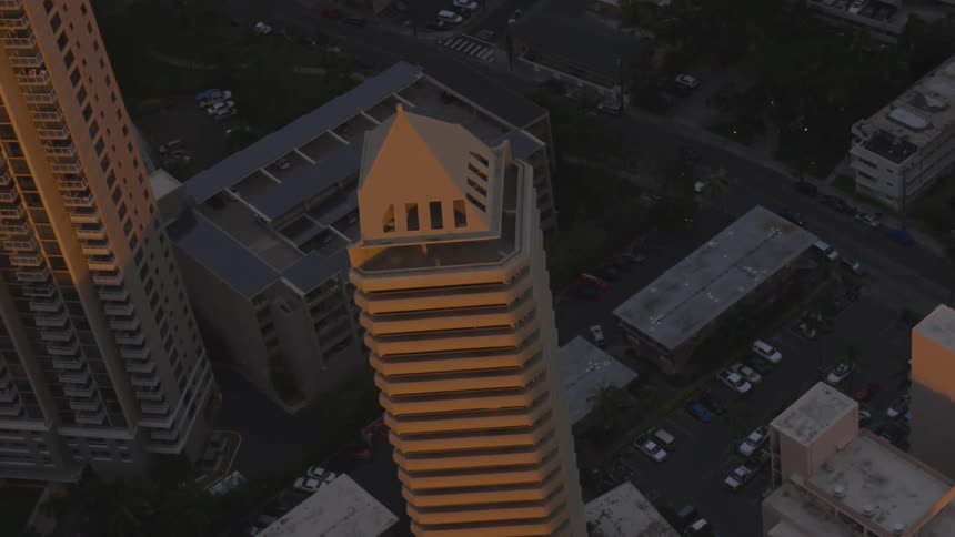 Birds eye view of skyscrapers in a downtown area