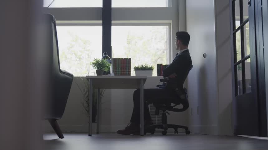 A man in a suit sitting at a desk looking at a potted plant