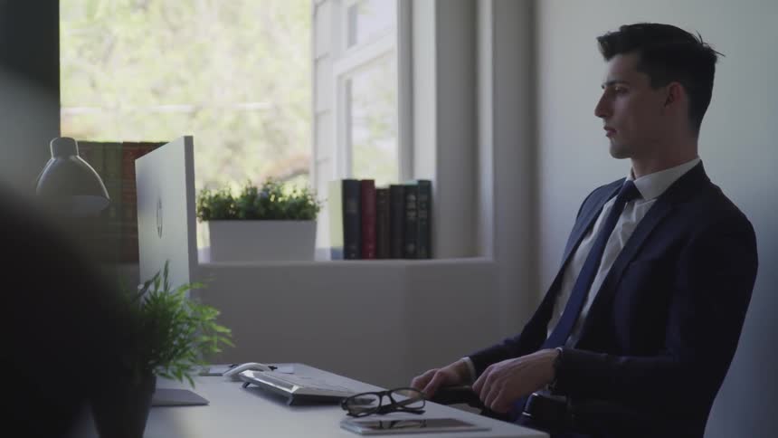 Business man working on his computer in an office but takes a moment to look out his window at nature