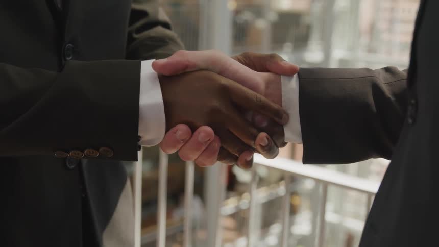 Black and white businessmen hold and shake hands in the office