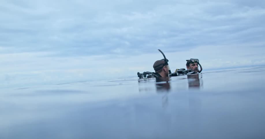 Two divers talking on the surface of the water