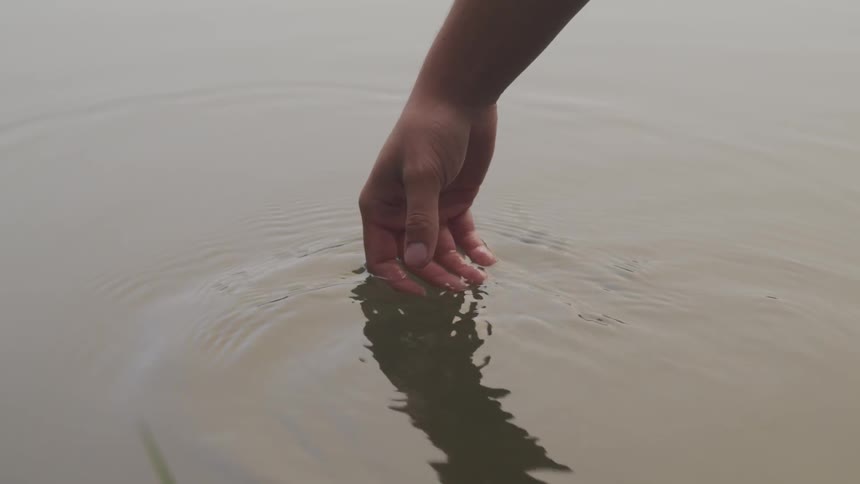 Fingers skim and swirl through the surface of a pond