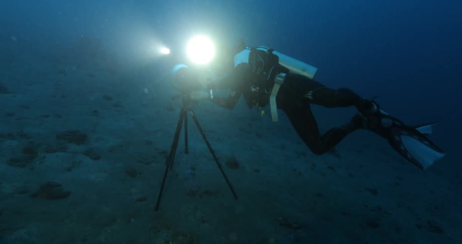Scuba diver takes pictures underwater