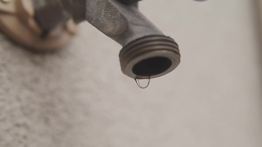 Water drips from a silver faucet