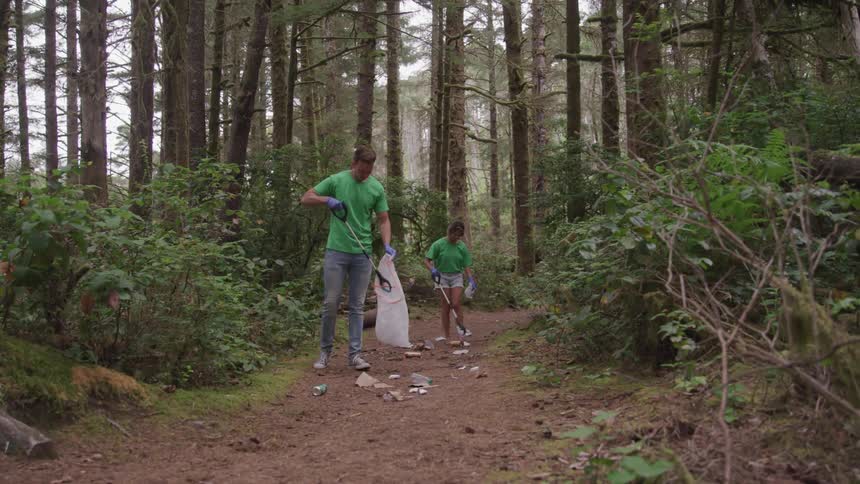 A man and a woman pick up litter in the forest